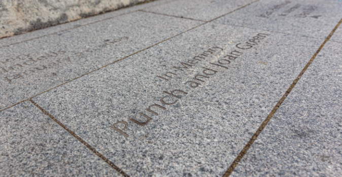 Detail view of a marker at the foundation of the Astoria Column