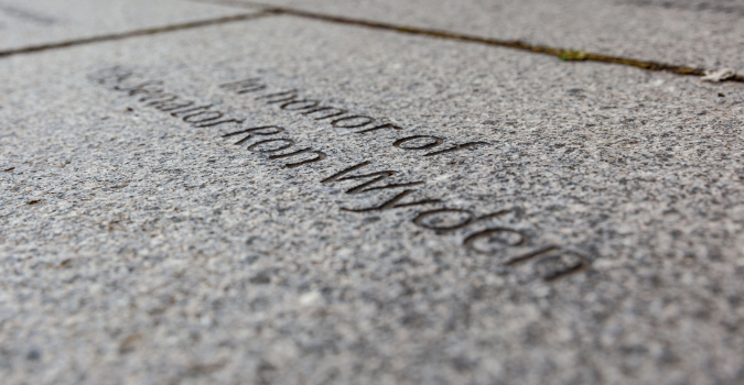 Detail view of a marker in the promenade in front of the Astoria Column