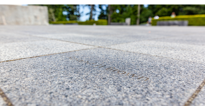 Detail view of a marker on the plaza in front of the Astoria Column